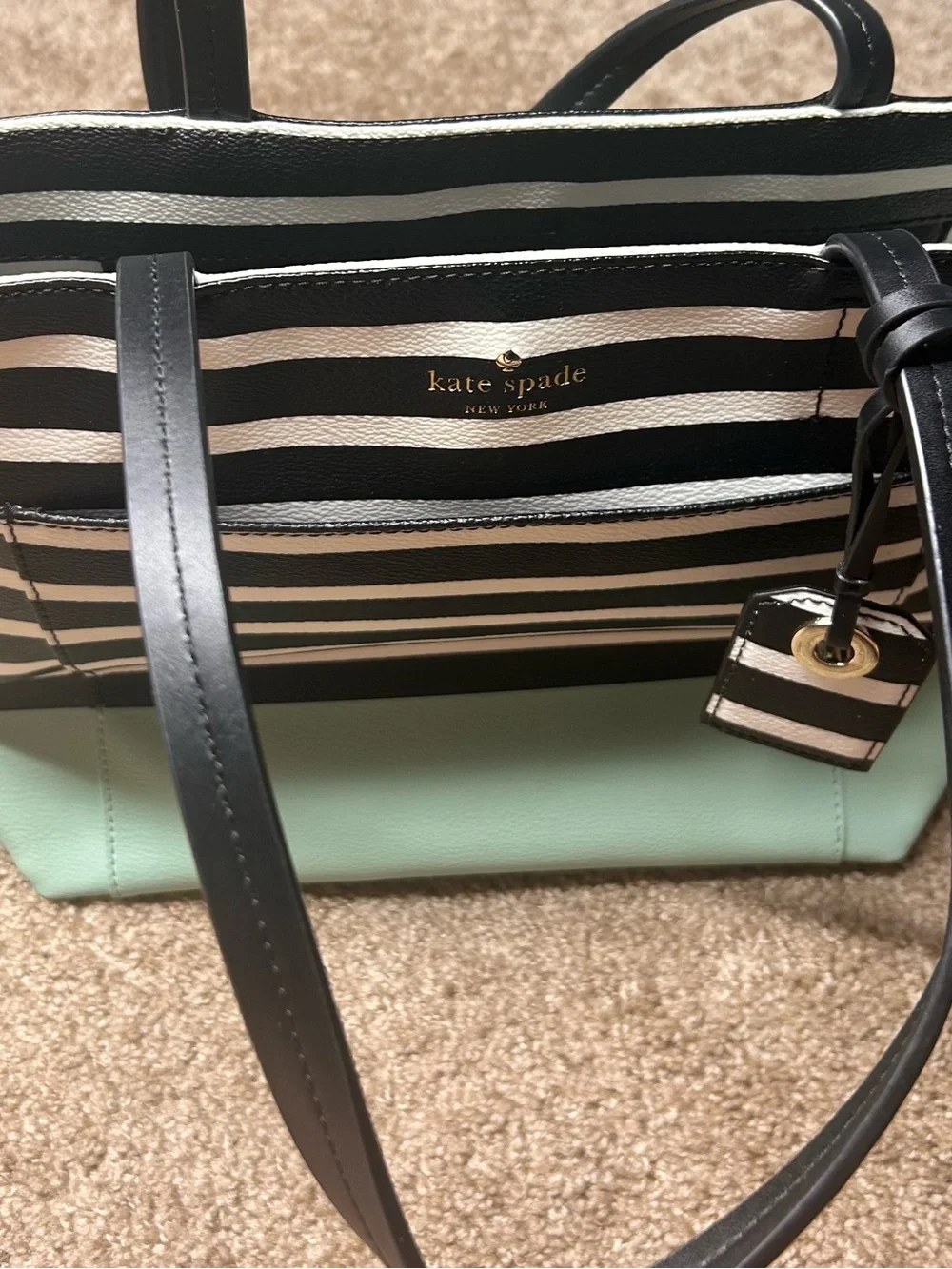 kate spade New York Black & Cream Striped Tote with Mint Base